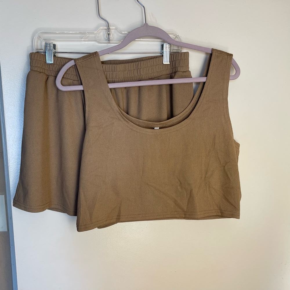 Tan Ribbed Tank and Shorts Set